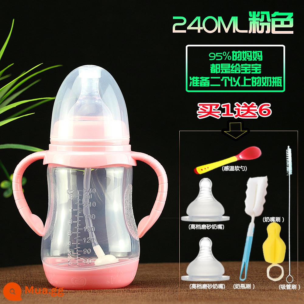 Bình sữa cho bé sơ sinh học cốc tập uống đường kính rộng có ống hút silicone tay cầm uống nước chống rơi kích thước nhựa - XH hồng 240ml đi kèm bộ sáu món