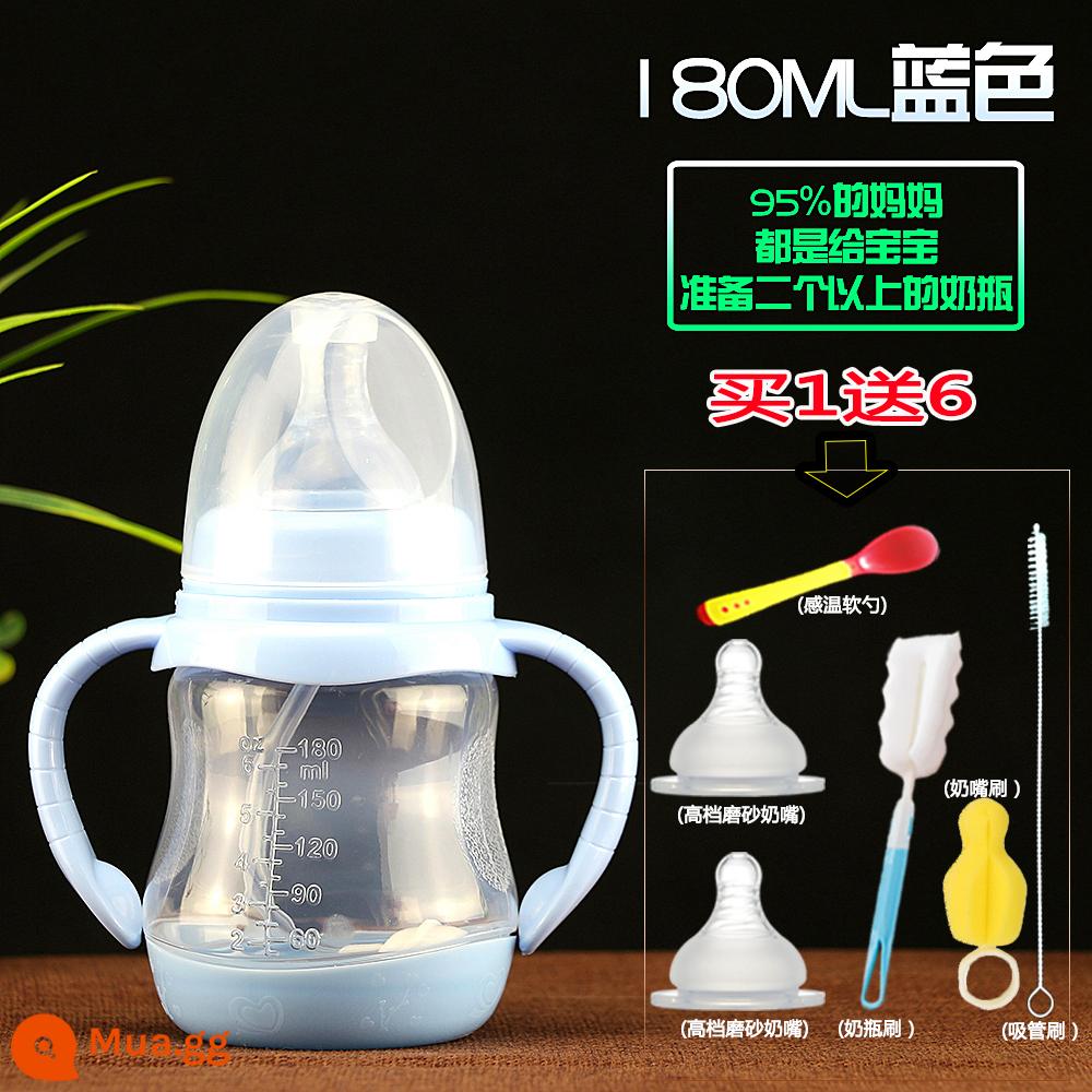 Bình sữa cho bé sơ sinh học cốc tập uống đường kính rộng có ống hút silicone tay cầm uống nước chống rơi kích thước nhựa - XH xanh 180ml đi kèm bộ sáu món