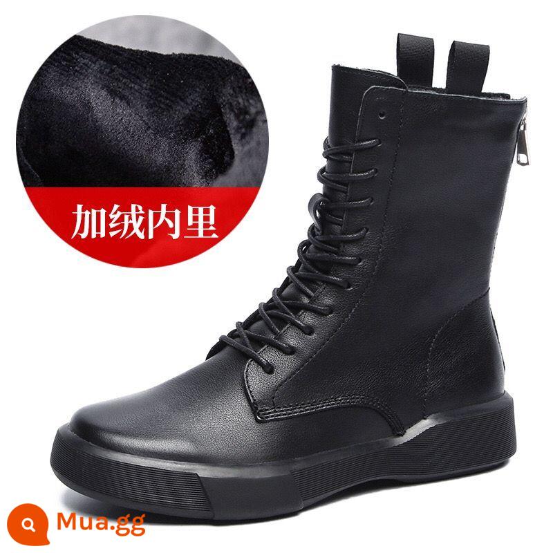 Yang Mi's cùng đôi giày Martin Boots của phụ nữ 2022 Da bằng da mới có kích thước lớn Kích thước đơn lẻ Boots Lớp đầu Cowhide cộng với nhung - Nhung đen (dây kéo sau) (lớn hơn một size)