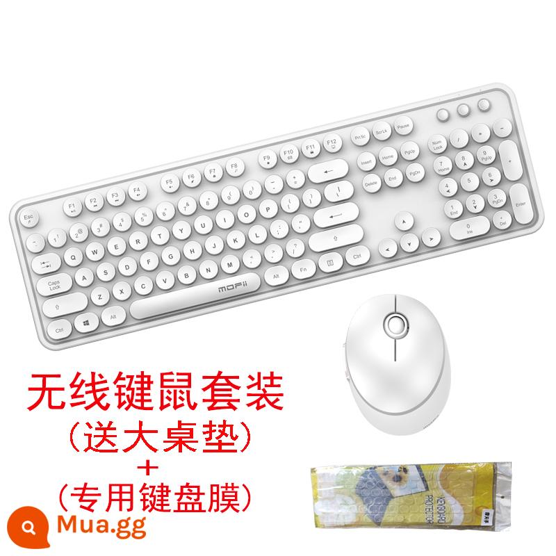 Đu Quay Tay Bộ Bàn Phím Và Chuột Không Dây Tròn Retro Keycap Bé Gái Màu Hồng Dễ Thương Máy Tính Xách Tay Máy Tính Để Bàn USB - Màu trắng tặng kèm thảm trải bàn lớn + pin + màng bàn phím đặc biệt