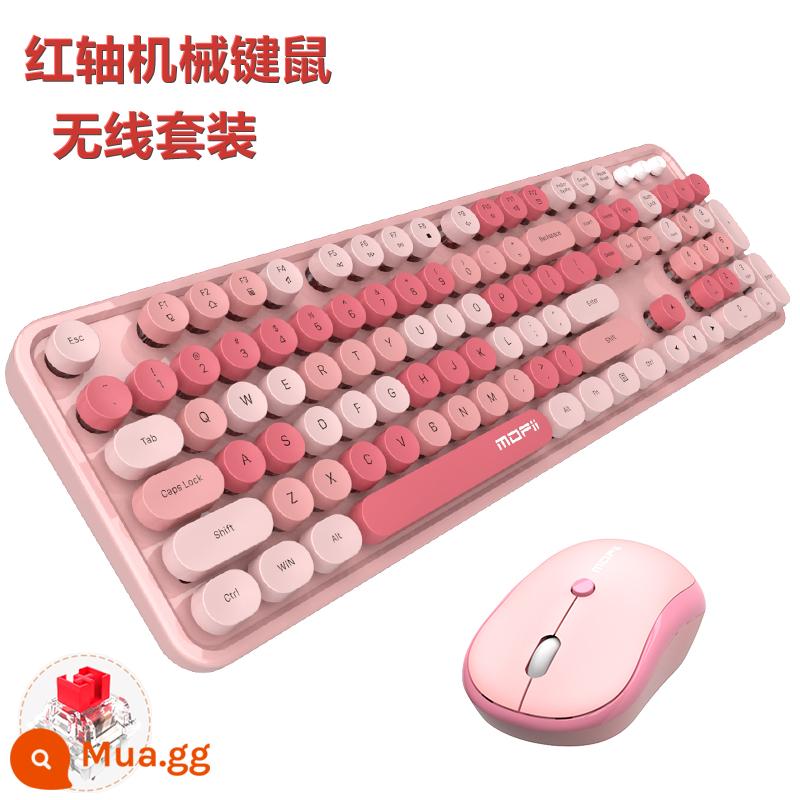 Đu Quay Tay Bộ Bàn Phím Và Chuột Không Dây Tròn Retro Keycap Bé Gái Màu Hồng Dễ Thương Máy Tính Xách Tay Máy Tính Để Bàn USB - Bàn phím và chuột không dây màu hồng hoa anh đào cơ khí trục đỏ, thảm trải bàn lớn miễn phí + pin