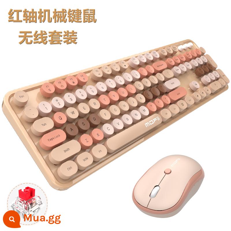 Đu Quay Tay Bộ Bàn Phím Và Chuột Không Dây Tròn Retro Keycap Bé Gái Màu Hồng Dễ Thương Máy Tính Xách Tay Máy Tính Để Bàn USB - Bàn phím và chuột không dây màu trà sữa cơ trục đỏ, thảm trải bàn lớn miễn phí + pin