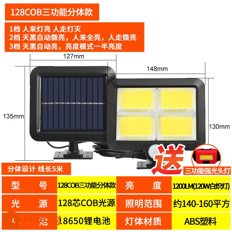 Đèn năng lượng mặt trời ngoài trời đèn sân vườn nhà siêu sáng cảm biến cơ thể con người nông thôn mới đèn LED chiếu sáng đèn tường chống thấm nước - Mô hình hai mảnh mở rộng 128cob [ba chức năng] ánh sáng trắng + đèn pha mạnh miễn phí