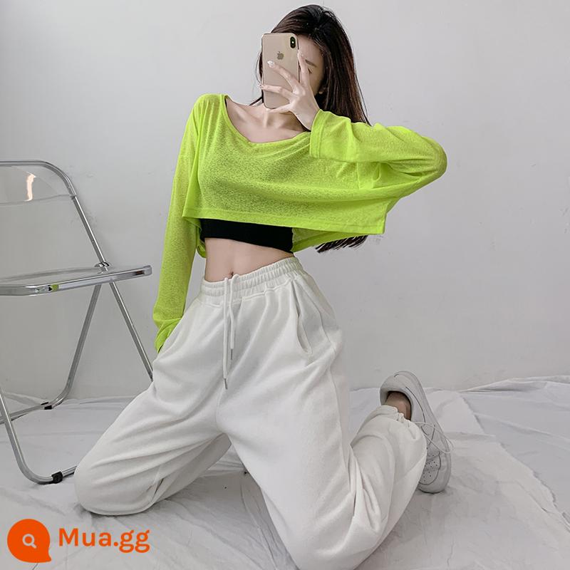 Áo nhảy nhạc jazz nữ châu Âu và châu Mỹ dài -sleeved Hàn Quốc Loose Top Female Suncreen ngắn Suncreen mỏng - Bộ đồ hai mảnh màu xanh lá cây