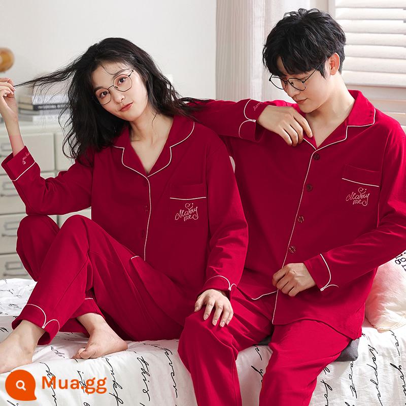 Bộ đồ ngủ đám cưới 100% cotton cho cặp đôi Mùa xuân và mùa thu Cotton nguyên chất Dài tay Lễ hội táo tàu mới kết hôn Bộ quần áo mặc nhà cho nam và nữ - Bộ đồ cotton nguyên chất X7868