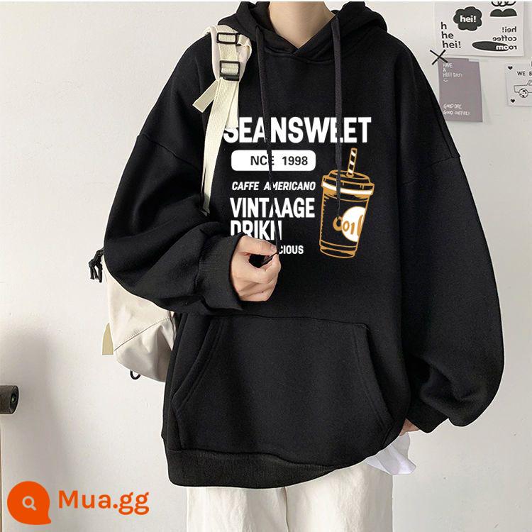 Áo nỉ có mũ trùm đầu mùa xuân và mùa thu bằng cotton nguyên chất hạng nặng dành cho nam giới vào mùa đông cộng với áo khoác học sinh rộng thùng thình thời trang kiểu Mỹ bằng nhung và dày - Đen - Có mũ trùm đầu thường [Trà sữa 1998]