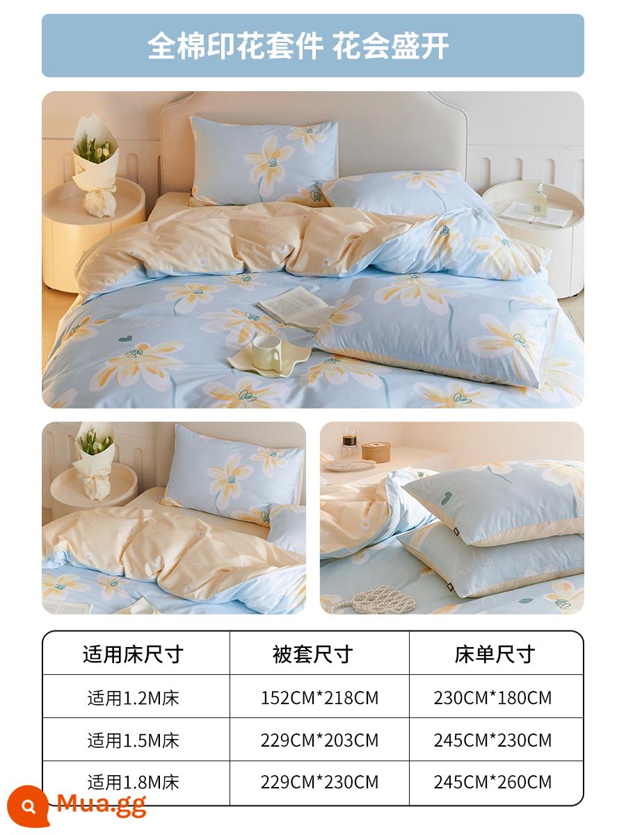 Tôi yêu bộ bốn mảnh bằng cotton nguyên chất ký túc xá sinh viên chăn ga trải giường vỏ chăn đơn đôi kiểu dáng đơn giản - Bộ bông sẽ nở hoa