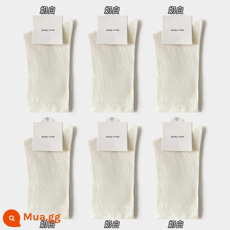 Tất trắng không xương dành cho nữ, đồ mùa hè, cotton nguyên chất, xuân thu, đống tất đen mùa hè mềm mại và có sáp cho bà bầu - Sữa trắng*6