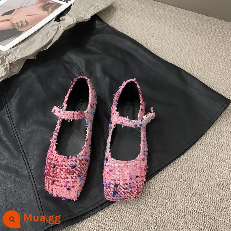 Phong cách nhỏ bằng vải tweed phẳng Mary Jane giày đơn giày cổ tích mới 2023 phong cách nóng bỏng mùa xuân đêm khuya giày Doudou - Hồng