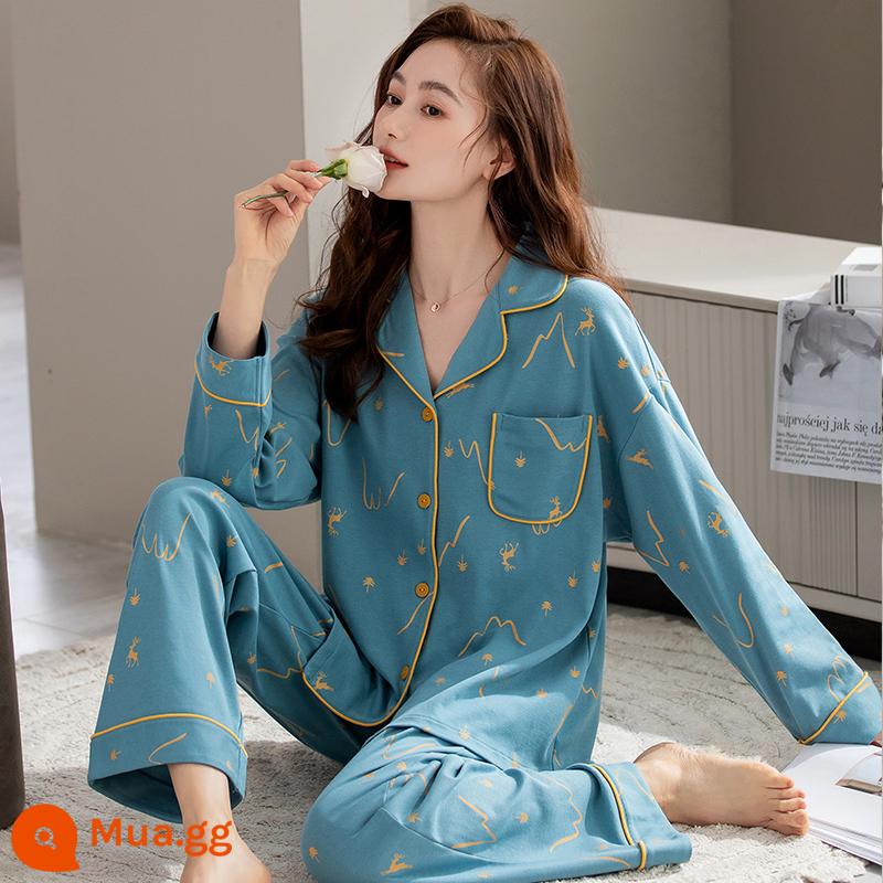 Langsha Bộ Đồ Ngủ Nữ Cotton Nguyên Chất Dài Tay Xuân Thu 2023 Thu Đông Nữ Mới Kích Thước Lớn Mặc Ở Nhà bộ Đồ Mùa Hè - A34650 [Bộ vest dài tay cotton nguyên chất]