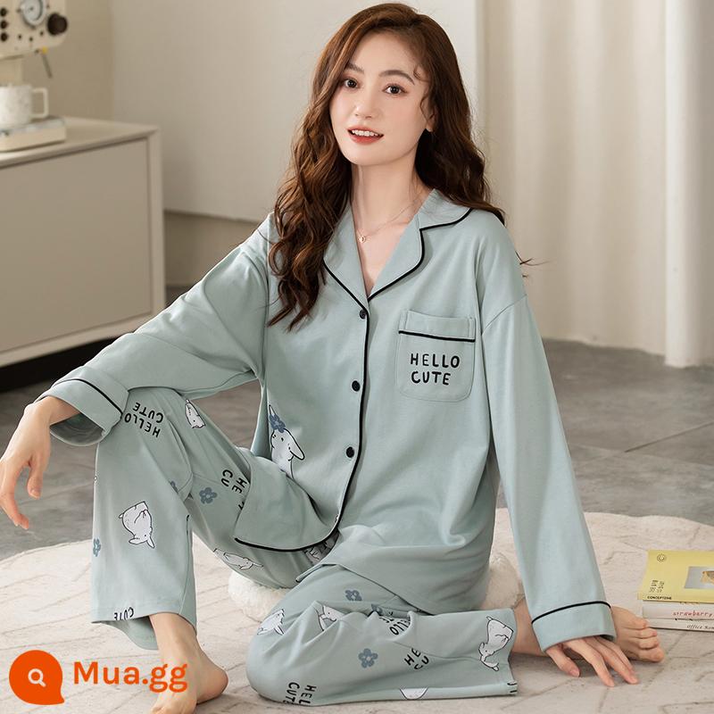 Langsha Bộ Đồ Ngủ Nữ Cotton Nguyên Chất Dài Tay Xuân Thu 2023 Thu Đông Nữ Mới Kích Thước Lớn Mặc Ở Nhà bộ Đồ Mùa Hè - A34578 [Bộ vest dài tay cotton nguyên chất]