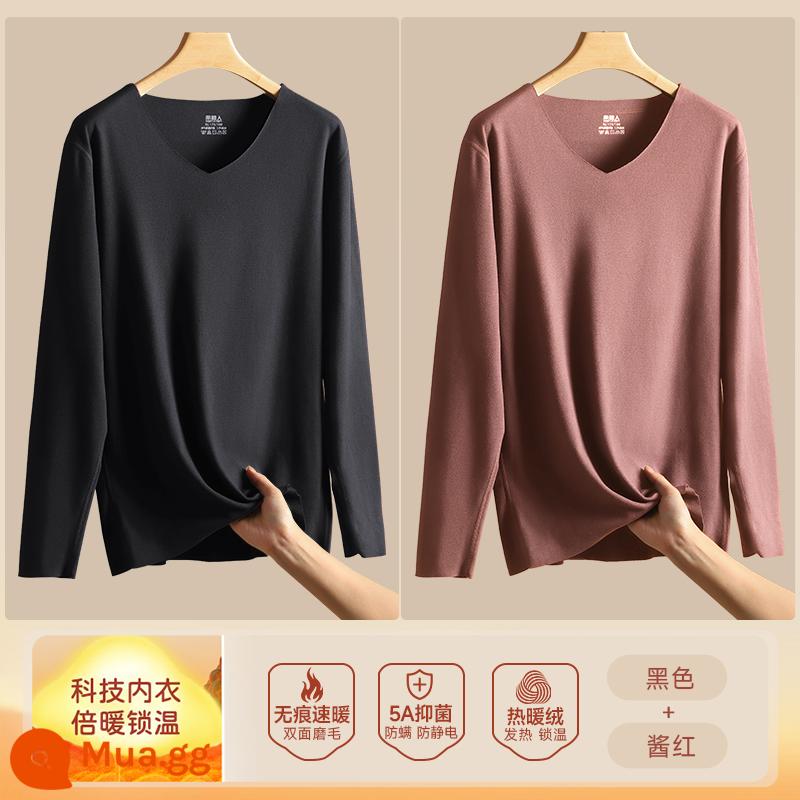 Nam Cực Nhung Đức Làm Nóng Quần Áo Nam Quần Áo Thu Đông Plus Nhung Liền Mạch Làm Nóng Đơn Top Cashmere Đáy Áo Mùa Đông - (Nhung Nhiệt + Kháng Khuẩn) Đen + Đỏ Sốt