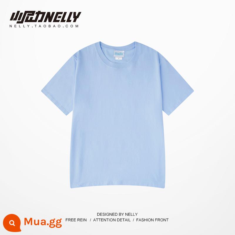 Xiao Nili retro phù hợp với tất cả cotton nguyên chất màu trơn áo sơ mi ngắn tay có đáy rộng Áo thun nam và nữ Áo thun quần áo ngắn tay hợp thời trang - trời xanh