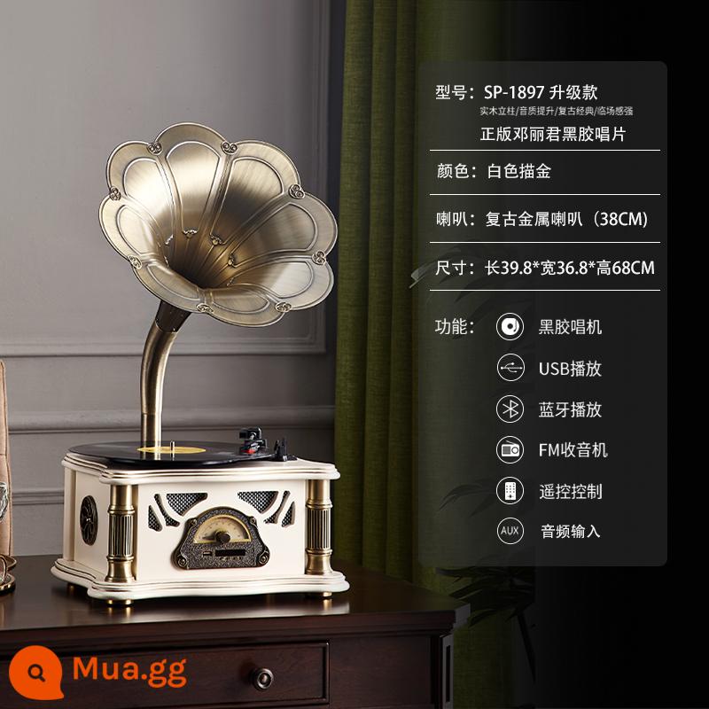 Máy Hát Retro Phòng Khách Ánh Sáng Châu Âu Sang Trọng Cổ Đồ Trang Trí Điện Mỹ Máy Ghi Âm Bluetooth Âm Thanh Máy Ghi Âm Vinyl - Vàng trắng + đĩa vinyl Teresa Teng chính hãng + loa siêu trầm tích hợp