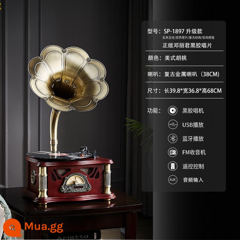 Máy Hát Retro Phòng Khách Ánh Sáng Châu Âu Sang Trọng Cổ Đồ Trang Trí Điện Mỹ Máy Ghi Âm Bluetooth Âm Thanh Máy Ghi Âm Vinyl - Gỗ óc chó Mỹ + đĩa vinyl Teresa Teng chính hãng + loa siêu trầm tích hợp