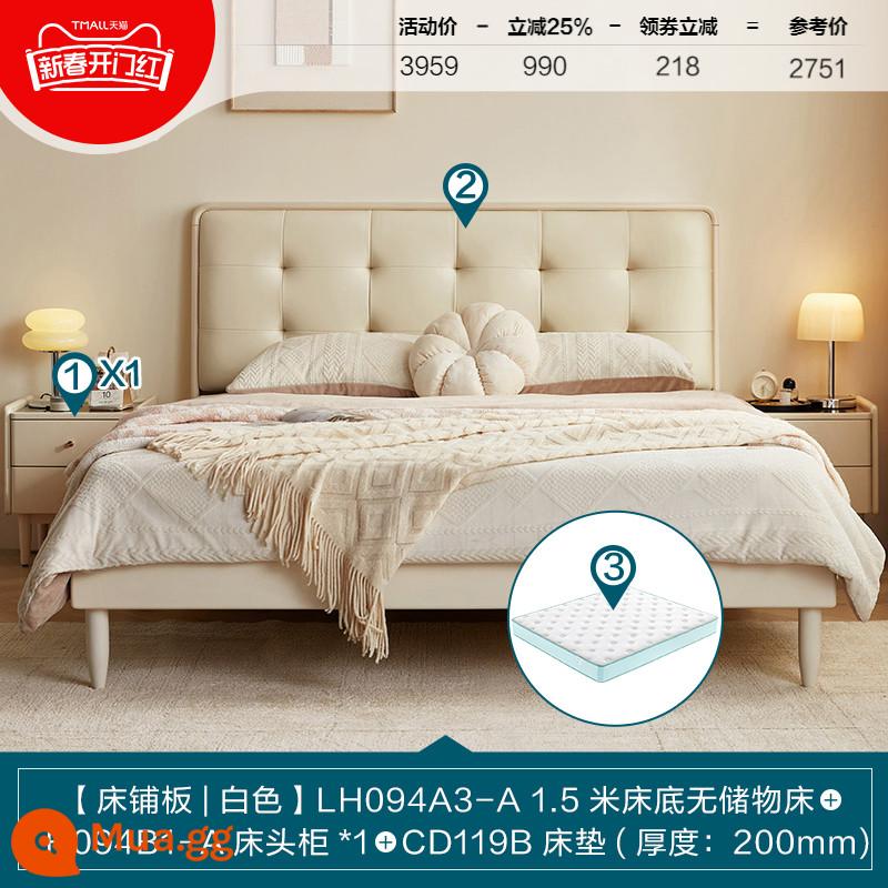 Lin's Home Phong cách kem hiện đại Giường gỗ nguyên khối mềm mại 1,5 mét Phòng ngủ đôi đơn lớn Lin's Wood Industry - [Da sinh thái | Tấm trải giường] Giường gỗ nguyên khối mềm 1,5m + bàn cạnh giường ngủ + nệm (20cm)