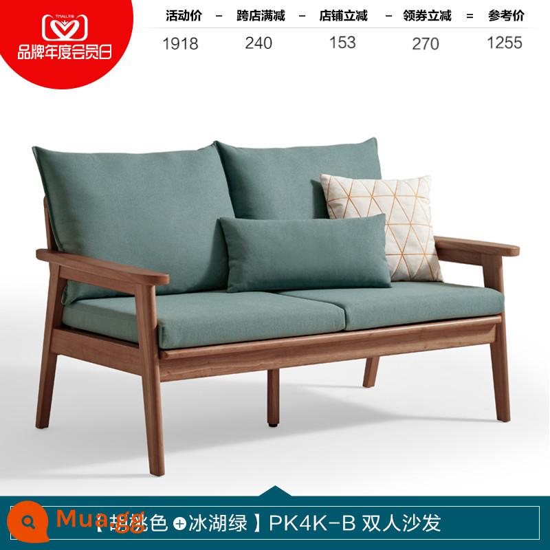 Lin's Home Sofa gỗ nguyên khối phong cách Nhật Bản phòng khách căn hộ nhỏ nội thất gỗ đơn giản 2023 mới Lin's Wood Industry PK - [Quả óc chó + Xanh hồ băng] Sofa đôi