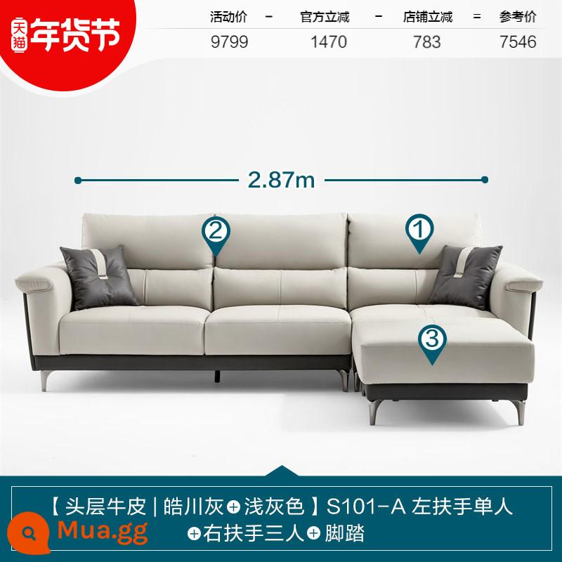 Lin's Home Ánh Sáng Hiện Đại Sofa Da Sang Trọng Lớp Đầu Tiên Da Bò Chức Năng Phòng Khách Sofa Da Lin's Wood Industry S101 - [Lớp da bò thứ nhất | Xám Haochuan + Xám nhạt] S101-A Tay trái đơn + gác tay phải ba người + gác chân