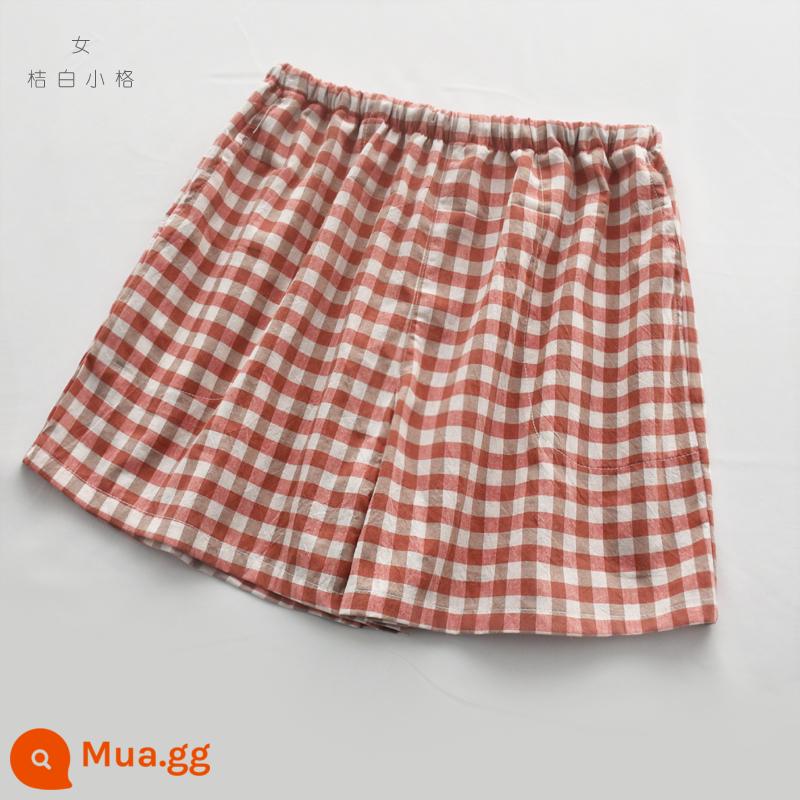 Kẻ sọc đơn giản Nhật Bản Bộ đồ ngủ nữ nam mùa hè cotton nguyên chất cotton giặt mỏng phần quần short đi biển cặp đôi nhà quần - Lưới nhỏ màu trắng hồng cam dành cho nữ [quần short cotton đã giặt]