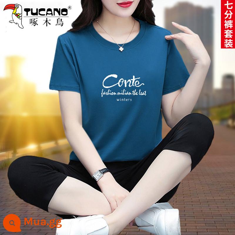 Chim Gõ Kiến Thường Bộ Đồ Thể Thao Nữ Cotton Mùa Hè 2023 Mẹ Mới Thời Trang Tay Ngắn Crop Quần 2 Bộ - Bộ đồ quần crop màu xanh đậm