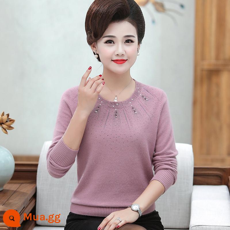 Áo len cashmere trung niên của phụ nữ 100 len nguyên chất áo khoác ngoài phong cách nước ngoài thu đông dệt kim áo len lông cừu chồn trung niên và cao tuổi - Hồng