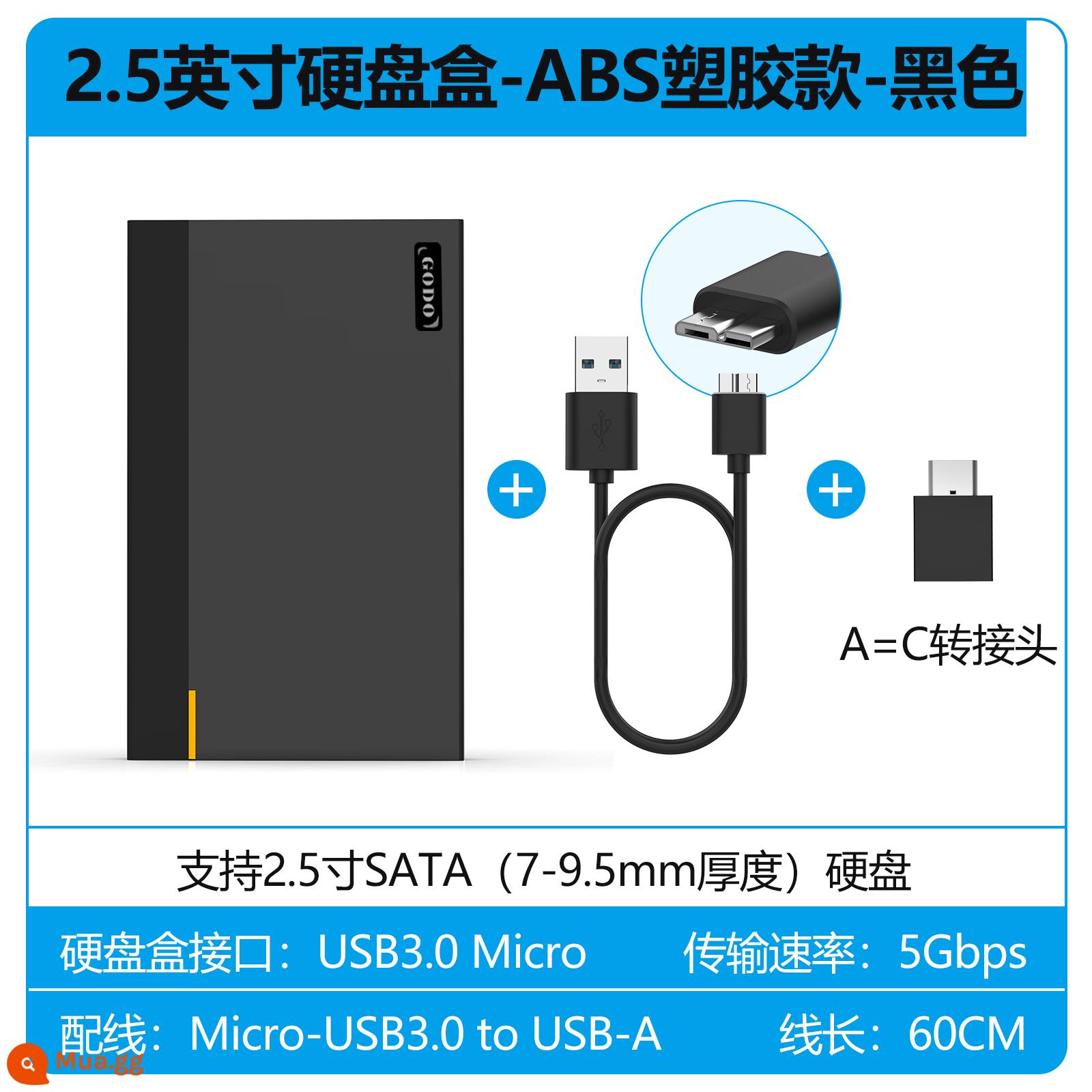 GODO cơ hộp đĩa cứng di động 2.5 inch usb3.0 bên ngoài rắn bên ngoài hộp máy tính xách tay sata - Nhựa đen [giao diện tốc độ cao 3.0] với đầu cắm type-c