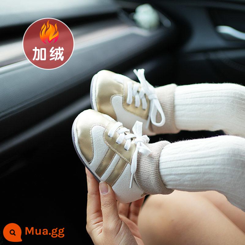 Giày cotton cho bé mùa xuân, mùa thu và mùa đông 0-3-6 tháng tuổi sơ sinh giày và vớ cho bé tập đi có đế mềm - Hai sọc vàng phong cách mùa đông, cộng với nhung và dày để giữ ấm