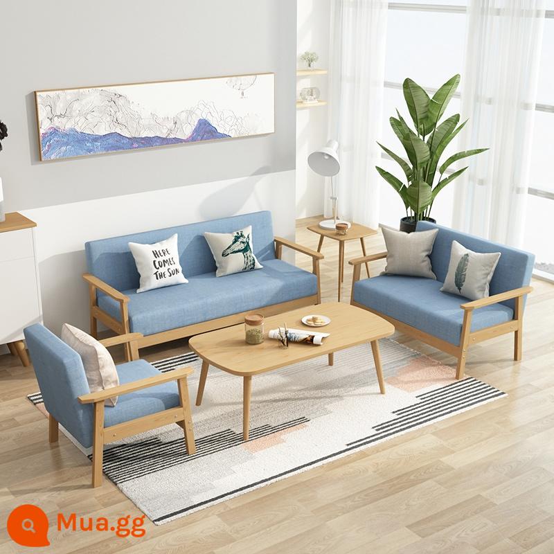 Ghế sofa gỗ rắn bàn cà phê kết hợp phòng cho thuê ghế đôi căn hộ nhỏ phòng khách vải tối giản hiện đại ghế văn phòng ba người - rửa sạch màu xanh