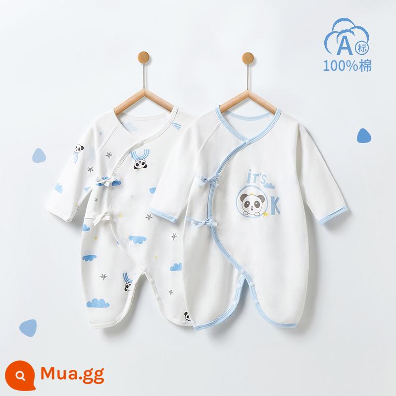 Quần áo trẻ sơ sinh mùa đông áo liền quần trẻ sơ sinh áo liền quần leo núi 3-6 tháng một lớp cotton nguyên chất đi chơi mùa thu đông - In đầy đủ màu xanh + nền trắng xanh