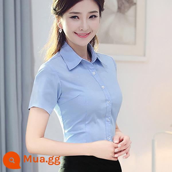 Áo sơ mi trắng cotton nguyên chất chất lượng cao dành cho nữ dài tay khí chất chuyên nghiệp quần áo làm việc mùa xuân và mùa hè trang phục công sở áo sơ mi nữ - Màu xanh [tay ngắn, chống nhăn]