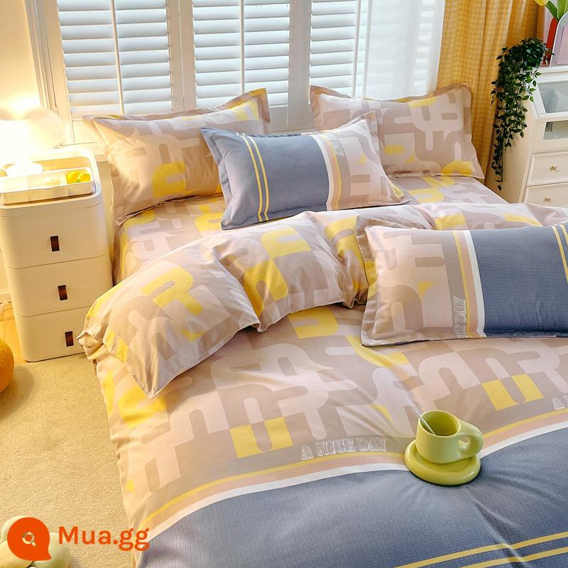 Bộ bốn món bằng cotton 100 bộ chăn ga gối đệm bằng vải cotton nguyên chất bốn mùa đơn giản thân thiện với da vỏ chăn ký túc xá sinh viên bộ ba bốn món - Nhật ký vui vẻ [Bông mẹ và trẻ sơ sinh loại A]