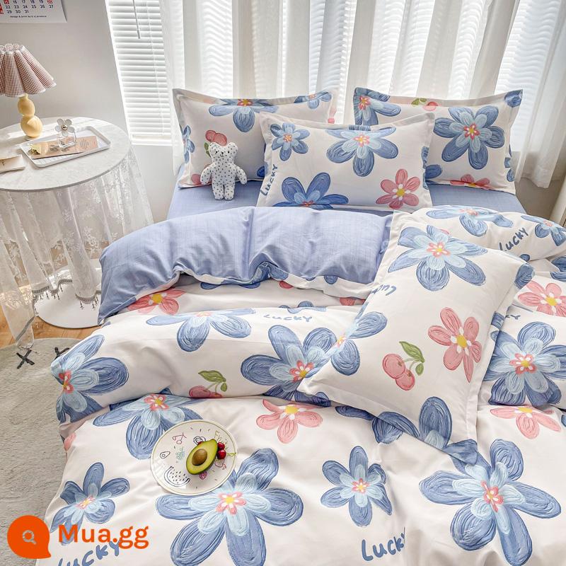 Bộ bốn món bằng cotton 100 bộ chăn ga gối đệm bằng vải cotton nguyên chất bốn mùa đơn giản thân thiện với da vỏ chăn ký túc xá sinh viên bộ ba bốn món - Rich Years-Blue [Bông loại A dành cho bà mẹ và trẻ sơ sinh]