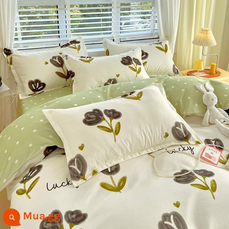 Bộ bốn món bằng cotton 100 bộ chăn ga gối đệm bằng vải cotton nguyên chất bốn mùa đơn giản thân thiện với da vỏ chăn ký túc xá sinh viên bộ ba bốn món - Hành Trình Vui Vẻ [Bông mẹ và trẻ sơ sinh loại A]