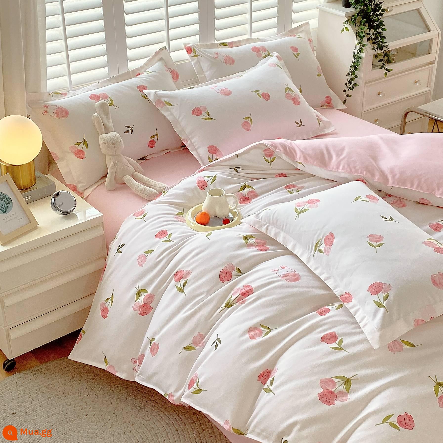 Bộ bốn món bằng cotton 100 bộ chăn ga gối đệm bằng vải cotton nguyên chất bốn mùa đơn giản thân thiện với da vỏ chăn ký túc xá sinh viên bộ ba bốn món - Nhảy múa nhẹ nhàng [Bông loại A dành cho bà mẹ và trẻ sơ sinh]