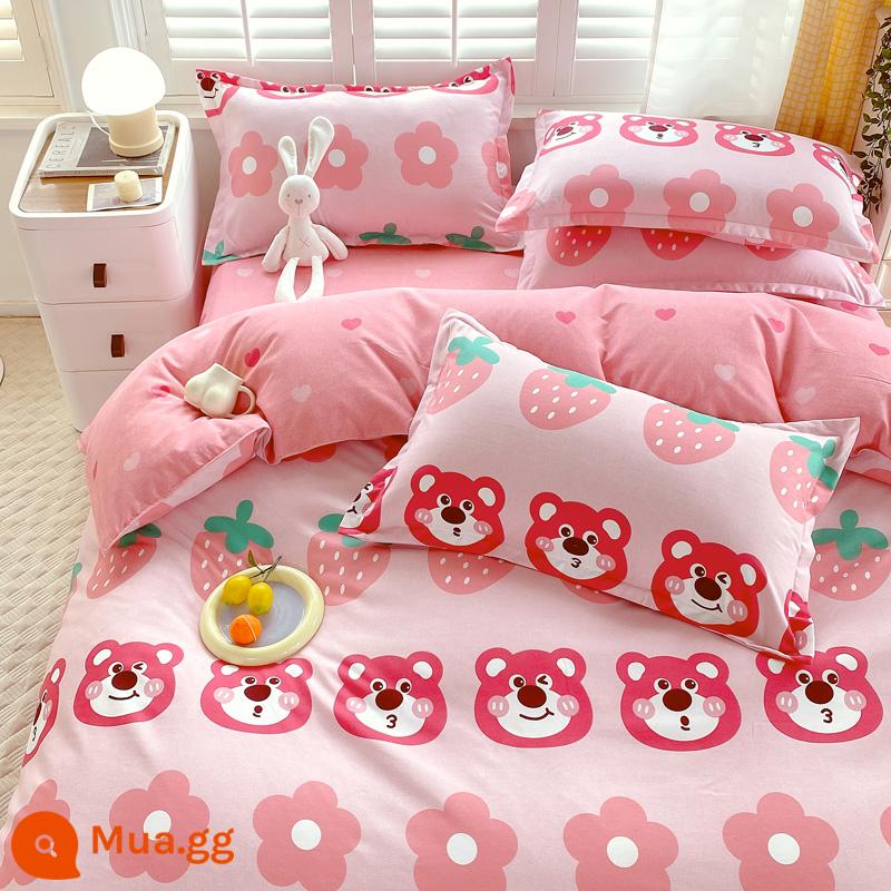 Bộ bốn món bằng cotton 100 bộ chăn ga gối đệm bằng vải cotton nguyên chất bốn mùa đơn giản thân thiện với da vỏ chăn ký túc xá sinh viên bộ ba bốn món - Gấu Dâu [Bông loại A dành cho bà mẹ và trẻ sơ sinh]