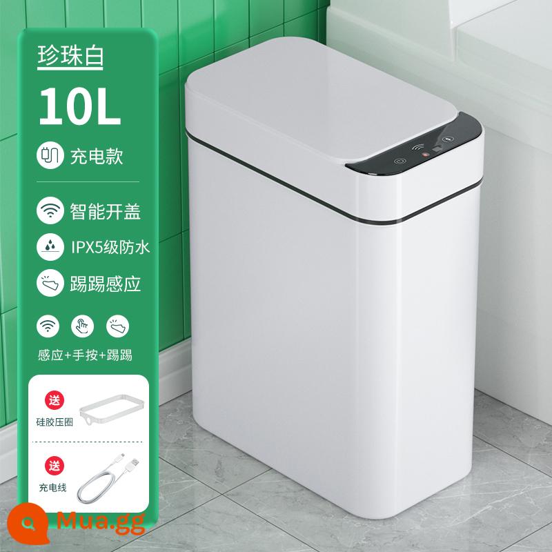 Thùng rác cảm ứng thông minh gia đình phòng khách bếp toilet phòng bột có nắp đậy hoàn toàn tự động đèn điện sọt rác sang trọng - Model có thể sạc lại - màu trắng [cảm biến thông minh + nút + đá] im lặng + chống nước