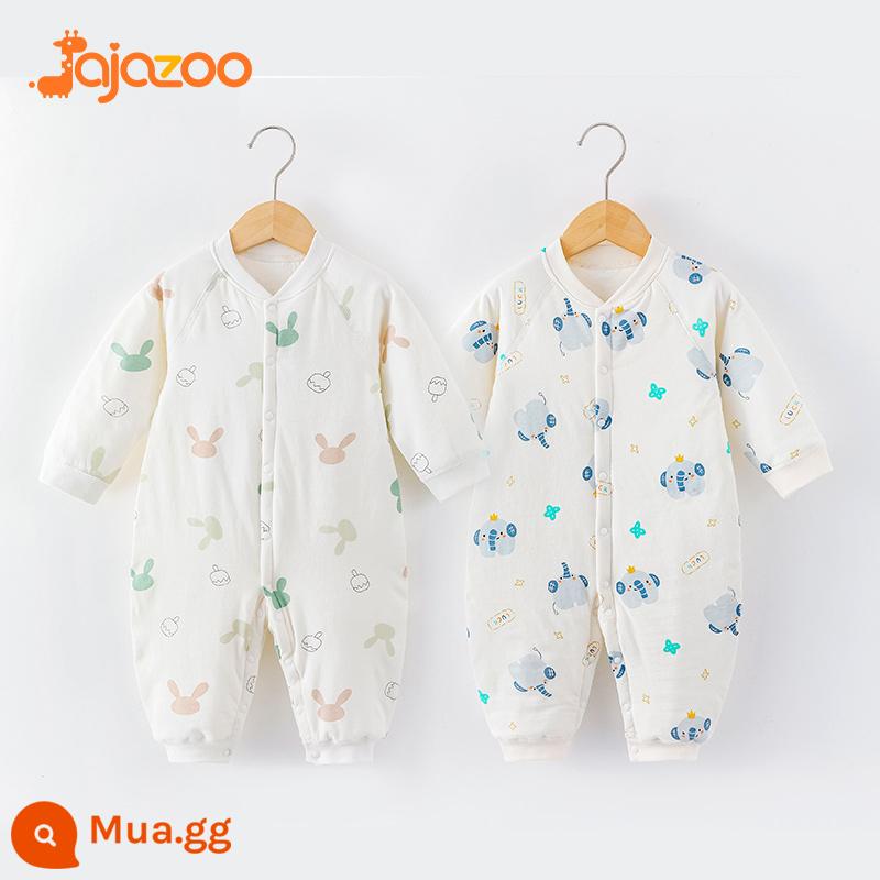 Áo liền quần cho bé mùa thu đông ấm áp nguyên chất cotton sơ sinh mỏng quần lót cotton quần áo trẻ em rompers chần bông quần áo mùa xuân - Tai thỏ + voi con mũi xanh