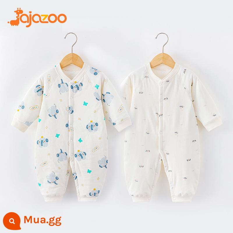 Áo liền quần cho bé mùa thu đông ấm áp nguyên chất cotton sơ sinh mỏng quần lót cotton quần áo trẻ em rompers chần bông quần áo mùa xuân - Voi mũi xanh + chó con xe đẩy