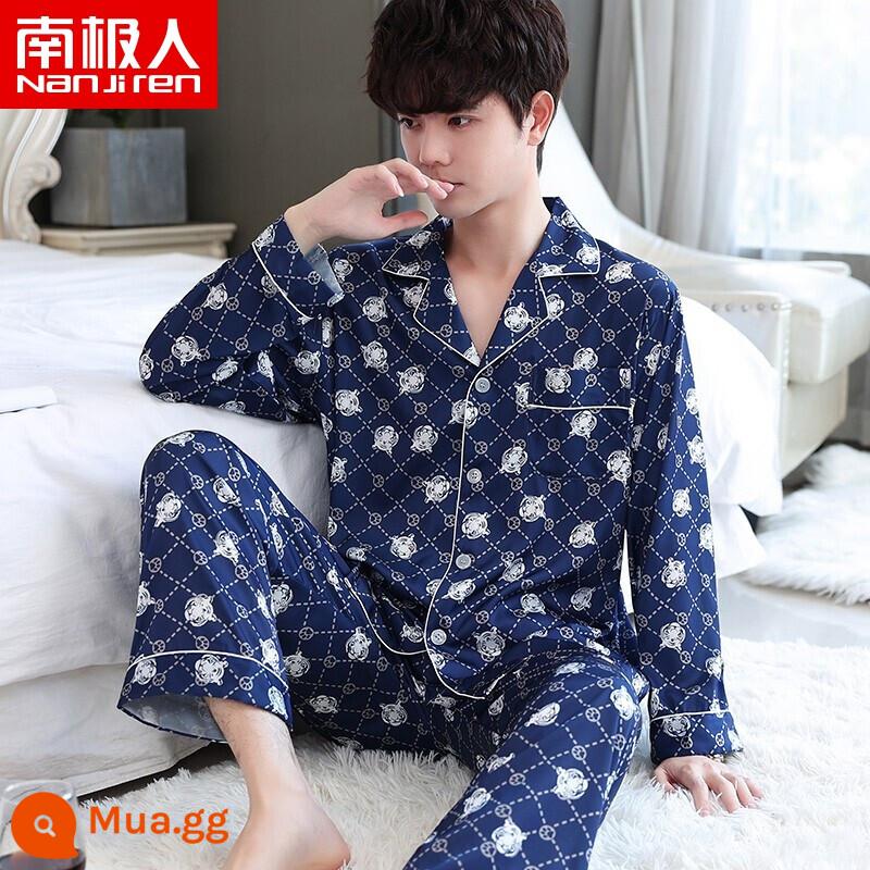 Nanjiren Pyjamas Nam Ice Silk Phần Mỏng Mùa Hè Voan Homewear Thoáng Khí Mới Lụa Ngắn Tay Bộ - NSLQ-[Satin Voan]-[Dài Đôi]22013-1 Họa Tiết Hổ Hải Quân