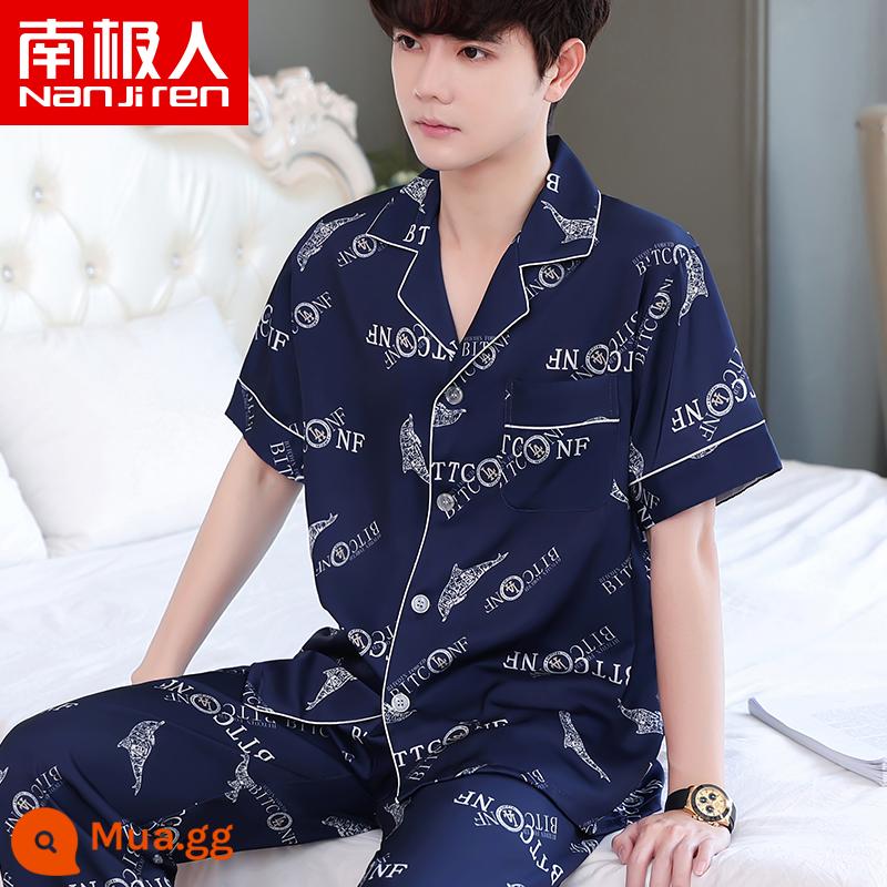 Nanjiren Pyjamas Nam Ice Silk Phần Mỏng Mùa Hè Voan Homewear Thoáng Khí Mới Lụa Ngắn Tay Bộ - NSLQ-[Satin Voan]-[Ngắn Dài]22027-1 Cá Heo Xanh Navy