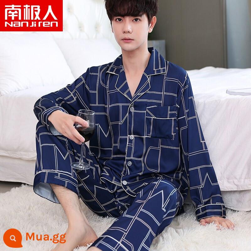 Nanjiren Pyjamas Nam Ice Silk Phần Mỏng Mùa Hè Voan Homewear Thoáng Khí Mới Lụa Ngắn Tay Bộ - NSLQ-[Satin Voan]-[Dài Đôi] 22011 Kẻ Sọc Xanh Navy