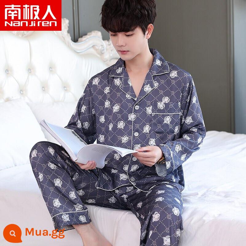 Nanjiren Pyjamas Nam Ice Silk Phần Mỏng Mùa Hè Voan Homewear Thoáng Khí Mới Lụa Ngắn Tay Bộ - NSLQ-[Satin Chiffon]-[Double Long]22013-2 Họa tiết hổ xám xanh