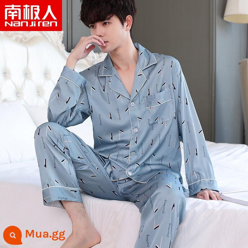 Nanjiren Pyjamas Nam Ice Silk Phần Mỏng Mùa Hè Voan Homewear Thoáng Khí Mới Lụa Ngắn Tay Bộ - NSLQ-[Satin Chiffon]-[Đôi Chiều Dài]22010-1 Xanh Xám Quyến Rũ