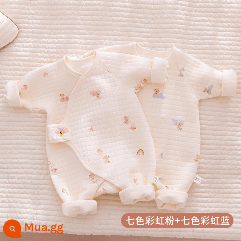 Quần áo sơ sinh, áo liền quần thu đông, quần áo ấm không xương cotton mỏng cho bé sơ sinh, quần áo mùa thu cotton thoáng khí - Bộ đồ hai mảnh màu hồng cầu vồng + xanh cầu vồng được giảm giá nhiều hơn