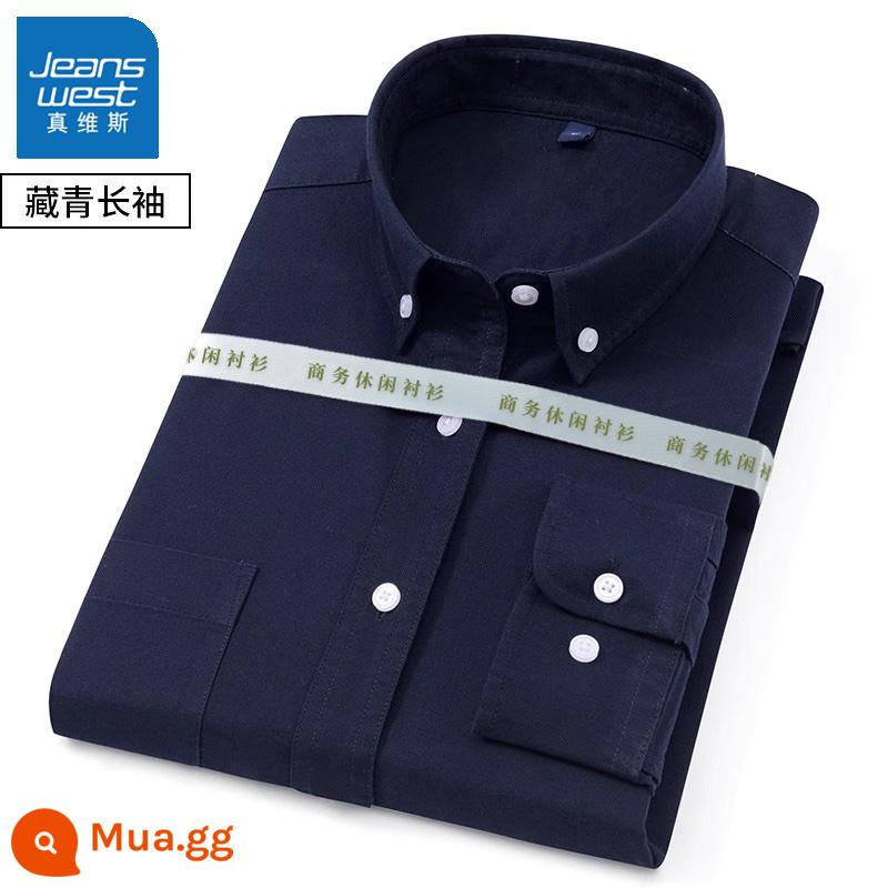 Mùa xuân và mùa thu nam dài tay cotton Oxford áo sơ mi trắng công sở bình thường đáy sọc xanh áo sơ mi áo khoác inch - 1 chiếc 59 [tay dài màu hải quân] cotton nguyên chất