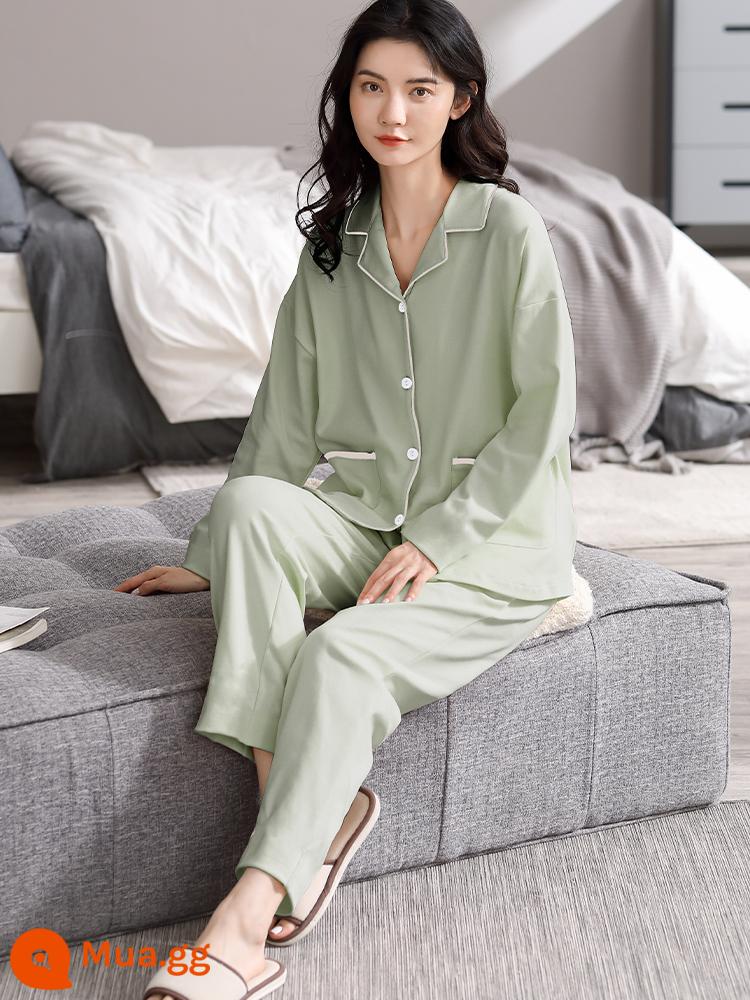 Bộ đồ ngủ cotton nguyên chất Nanjiren cho nữ xuân thu 2023 quần dài tay mới cỡ lớn có thể mặc bên ngoài quần áo ở nhà phù hợp với phụ nữ - Xanh nhạt [kiểu bông như mây]