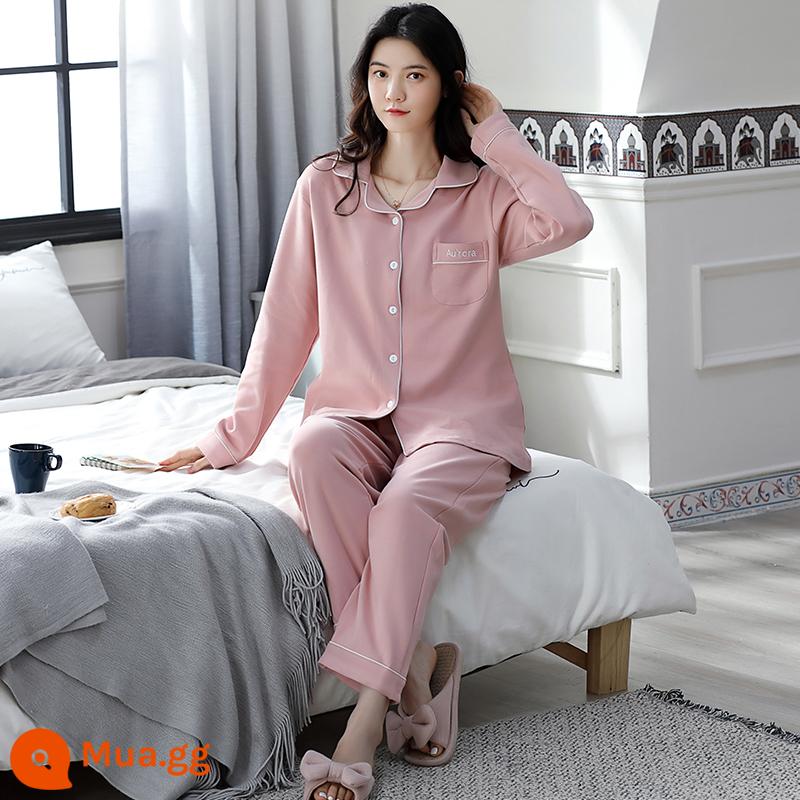 Bộ đồ ngủ cotton nguyên chất Nanjiren cho nữ xuân thu 2023 quần dài tay mới cỡ lớn có thể mặc bên ngoài quần áo ở nhà phù hợp với phụ nữ - Bột [kiểu giống như đám mây như bông]