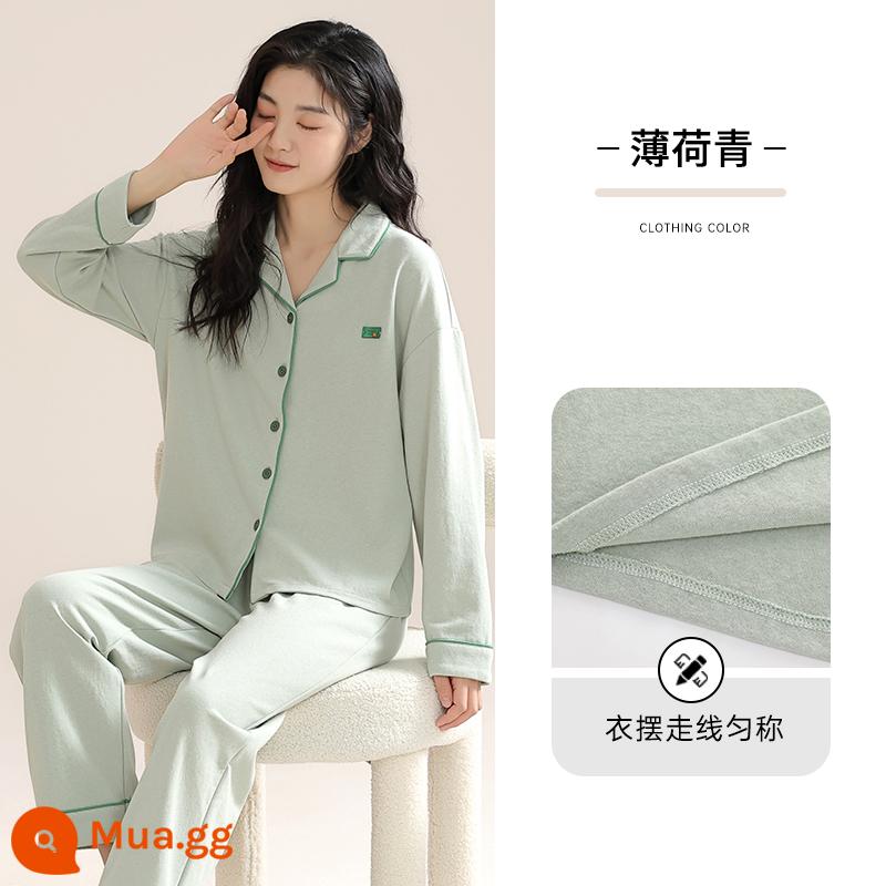 Bộ đồ ngủ cotton nguyên chất Nanjiren cho nữ xuân thu 2023 quần dài tay mới cỡ lớn có thể mặc bên ngoài quần áo ở nhà phù hợp với phụ nữ - Xanh bạc hà [100% cotton]