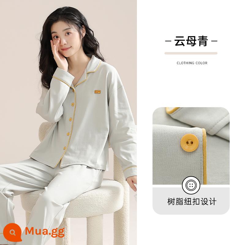 Bộ đồ ngủ cotton nguyên chất Nanjiren cho nữ xuân thu 2023 quần dài tay mới cỡ lớn có thể mặc bên ngoài quần áo ở nhà phù hợp với phụ nữ - Xanh mica [100% cotton]