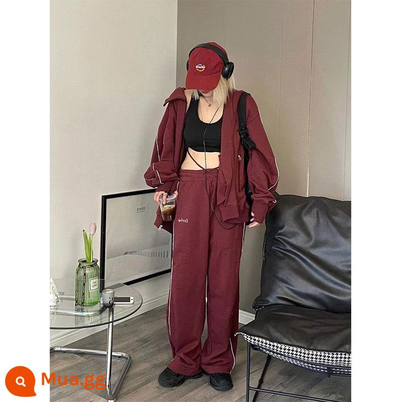 Phong Cách Mỹ Hoodie Thể Thao Phù Hợp Với Nữ Mùa Xuân Sinh Viên Size Lớn Rời Mỏng Cao Cổ 2 Mảnh - Rượu vang đỏ [thương hiệu thời trang overize]